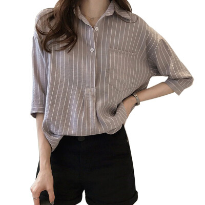 

Womens Tops Spring Striped Shirt Turn-down Collar Three Quarter Sleeve Blouse Woman Korean Clothes blusas mujer de moda