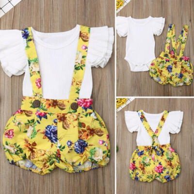 

UK Newborn Kid Baby Girl Outfit Clothes TopsFloral Bib Shorts Overalls 2PCS Set