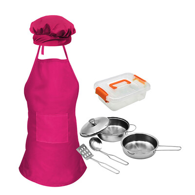 

Tailored 8pcs Girls Cooking Apron Hat Stainless Steel Pot Set Kitchen Role Play Toy Kids