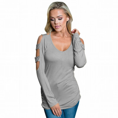 

Solid color V-neck long-sleeved open shoulder blouse casual top