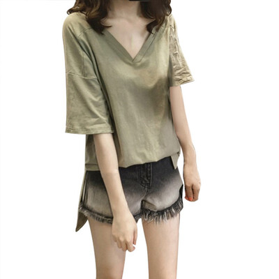 

Selling Student Leisure V-nack T-shirt Summer Tops Female Short Sleeve Loose Plus Size Thin Girl Clothes