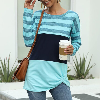 

Tailored Fashion Women O-Neck Stripe Splicing Long Sleeve Tie Sweater Casual Blouse Tops