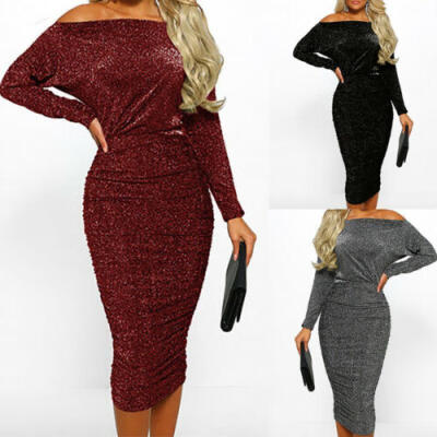 

Hot Women Off Shoulder Long Sleeve Evening Party Pencil Ruched Tight Midi Dress