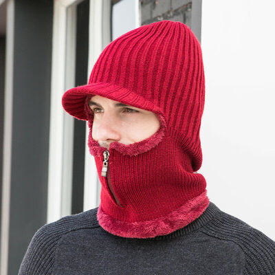 

Men Winter Warm Hat Knit Visor Beanie Fleece Lined Beanie Brim Cap Scarf Zipper