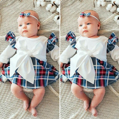 

2PCS Christmas Newborn Baby Girls Long Sleeve Xmas Plaids Romper DressHeadband Clothes Set Age For 0-18 Months