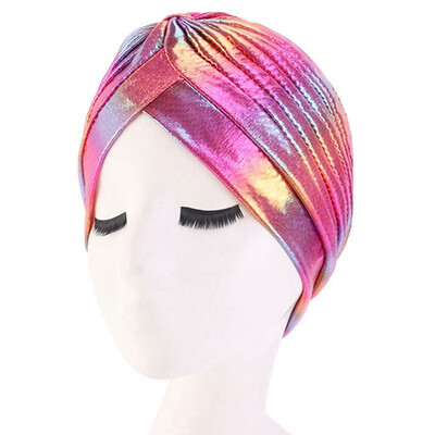 

Colorful New Women Laser Silky Ruffle Metallic Turban Hair Cover Accessories Wave Caps Bonnet Salon Hat Turban Headwrap