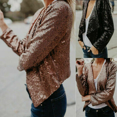 

Womens Casual Long Sleeve Short Jacket Ladies Sequin Suit Coat Tops Outwear