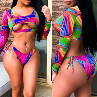 

Roseonmyhand Women Print Long Sleeves Bikini Set Bra Beach Swimwear Beachwear Swimsuit