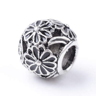 

Enamel Style Alloy European Beads Large Hole Beads Rondelle with Flower Antique Silver Black 11x95mm Hole 45mm