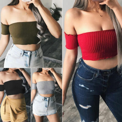 

Women Off Shoulder Frill Bralet Bandeau Boobtube Cami Crop Tops T-Shirt Summer