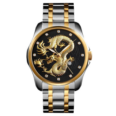 

SKMEI 9193 Dragon Totem Quartz Wristwatch Business Calendar Watch With Stainless Steel Strap For Men