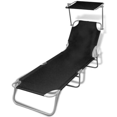 

Folding Sun Lounger with Canopy Steel&Fabric Black