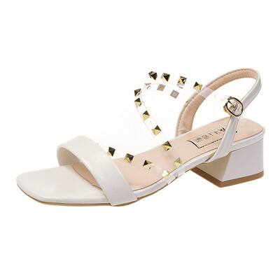 

Womens Shoes Ins Tide Sandals High heel Rivets Overfire Society One-word Buckle Late Shoes