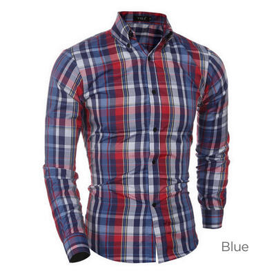 

Fashion Small Plaid Pattern Mens Shirt Slim Long Sleeve Base Shirt Tops