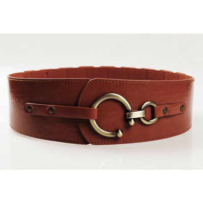 

Womens Wide Waist Belt Elastic Round Buckle PU Leather Corset Cinch Waistband