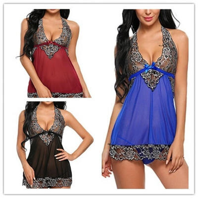 

2018 Women Summer Sexy Mini Lace Lingerie Babydoll Deep V-Neck Dress