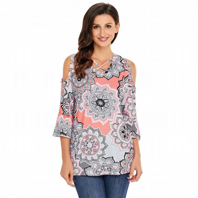 

Cold Shoulder Cross Long Sleeve Bohemian Print Shirt Top