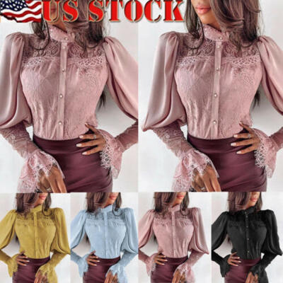 

Womens Casual Button Down Shirt Blouse Long Sleeve V Neck Sheer Chiffon Top