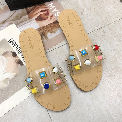 

Chic Fairy One Word Rivet Slipper Womens Summer Korean Version Cute Flat-bottomed Casual Cool Drag Tide