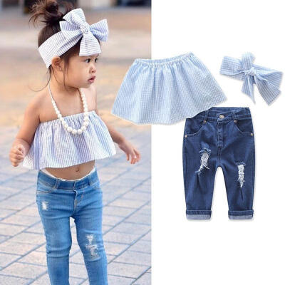 

Toddler Baby Girls Kids Jeans Summer Casual TopsRipped Denim Pants Outfits Set