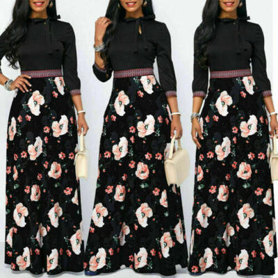 

2019 Spring Women Floral Chiffon Long Sleeve Casual Party VintageBoho Maxi Dress