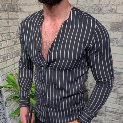 

Mens Long Sleeve Shirt Summer Cool Slim Casual V-Neck Shirts Tops -3XL