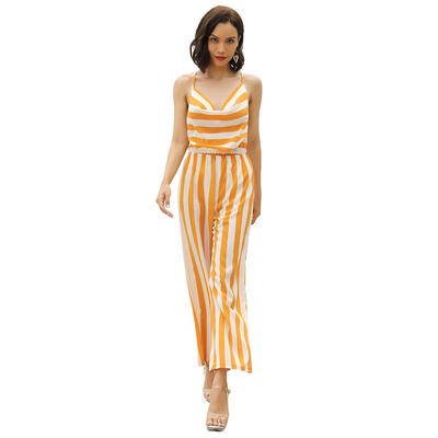 

Women Summer Stripe Jumpsuits Sling Tunic Cross Backless Piece Trousers