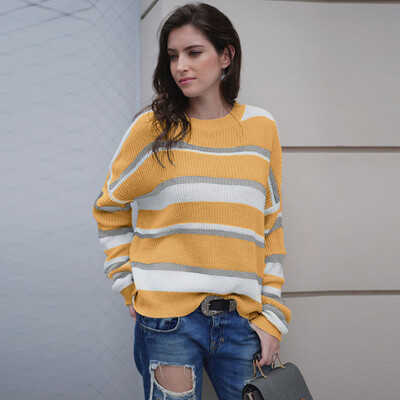 

〖Follure〗Women Pullover Knitted Patchwork Stripe Long Sleeve O-Neck Sweater Top