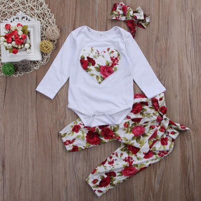 

3PCS Newborn Baby Girl Floral Clothes Romper Jumpsuit Bodysuit Long Pants Outfit