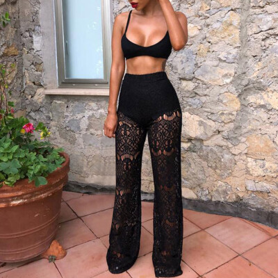 

Women Lace See Through Long Trousers Beach Summer Holiday High Waist Pants