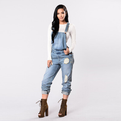 

Tailored Women Hole Denim Bib Slim Pants Overalls Jeans Straps Demin Trousers Jumpsuit