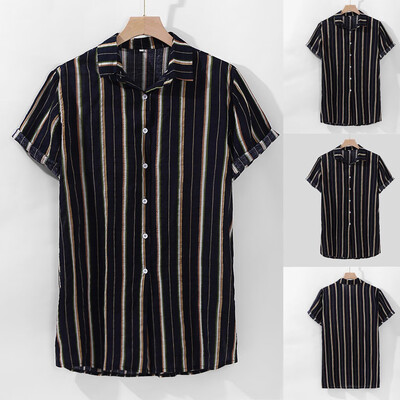 

Toponeto Mens Colorful Stripe Summer Short Sleeve Loose Buttons Casual Shirt Blouse