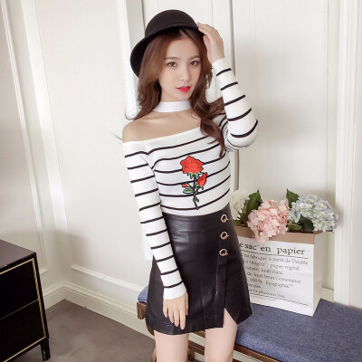 

Women Girls Korean Style Striped Embroidery Slim Thin Long-sleeve Knitted T-shirt All Code High Quality