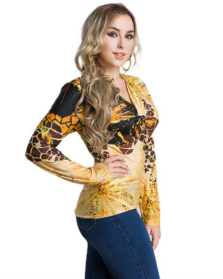 

Fashion Women Plus Size Leopard Print V Neck Long Sleeve T-Shirt Twisted Front Oversize Tops Pullover Yellow