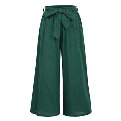 

New Women Summer Casual Loose Wide Leg Pants Elastic Waist Trousers Cotton Long Pants BlackBrownDark Green