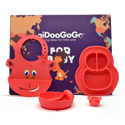 

aiDooGoGo childrens cutlery set baby gift box food supplement silicone rice bowl sucker bowl elbow training spoon plate pacifier five-piece red
