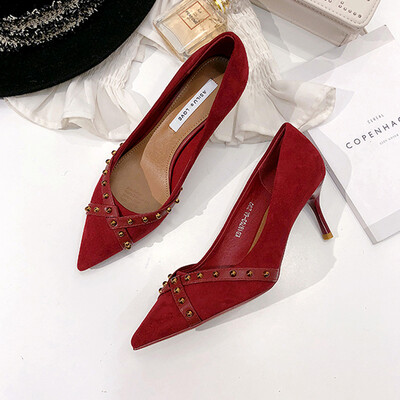 

Summer red high heels thin heels rivets shallow shoes single shoes female pointed wedding shoes bridesmaids shoes