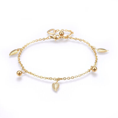

304 Stainless Steel Charm Anklets with Lobster Claw Clasps&Cable Chains Leaf&Round Golden 9-78"25cm Charms 814x5