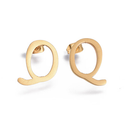 

304 Stainless Steel Stud Earrings Alphabet LetterQ 14x13x1mm Pin 07mm