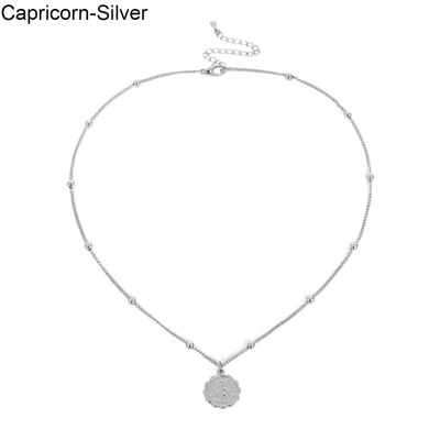 

Vintage 12 Constellation Zodiac Embossed Pendant Long Chain Necklace Jewelry