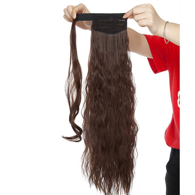 

20 Inch Long Corn Wave Ponytail Extension Magic Paste Heat Resistant Wavy Synthetic Wrap Around Ponytail Black Hairpiece for Women