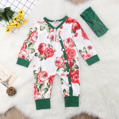 

Toddler Baby Girl Button Romper Floral Long Sleeve Bodysuit Outfits Clothes