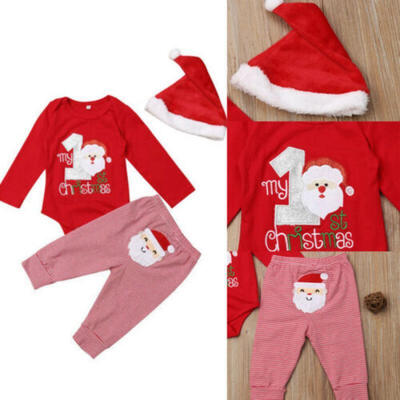

Christmas Baby Boy Girl Xmas Romper Stripes Pants Santa Hat Pajamas Outfits
