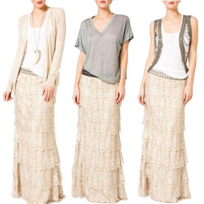 

Womens Lace Layered Hitched Maxi Skirt A Line Gypsy Boho Long Asymmetric Summer SMLXL