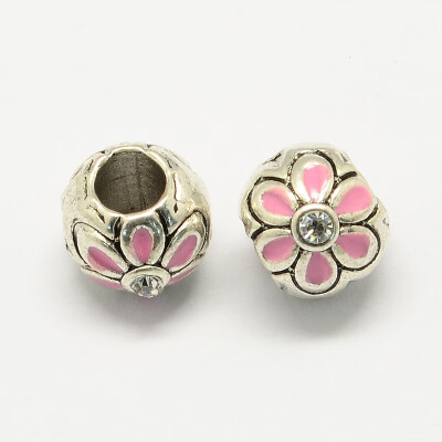 

Alloy Rhinestone Enamel Style European Beads Large Hole Round Beads with Flower Pink 10x9mm Hole 45mm