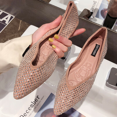 

Pointed flat sole single shoe female spring&summer retro shallow mouth drill single shoe soft sole flat sole casual shoe