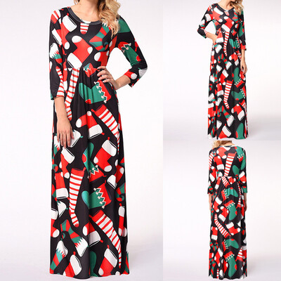 

Tailored Women O-Neck Christmas Printed Long Sleeve Hight Waist Long Dress