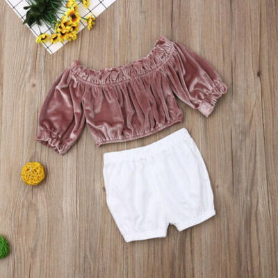 

2pcs Newborn Toddler Kids Baby Girl Clothes Off Shoulder TopsShorts Outfits Set
