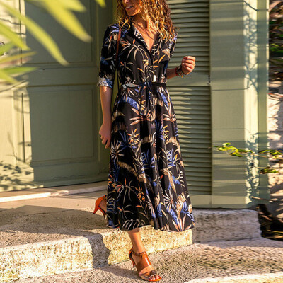 

Women Spring Autumn Casual V Neck Long Sleeve Loose Boho Long Maxi Shirt Dress