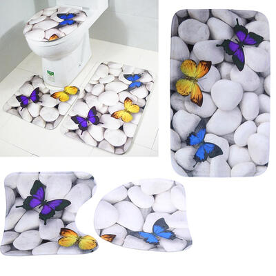 

3Pcs Butterfly Bathroom Skidproof Pedestal Rug Lid Toilet Cover Bath Mat
